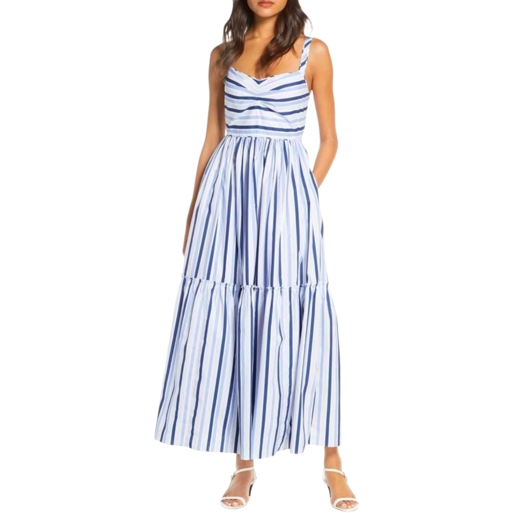 J.CREW Maxi Dress Blue Stripe Sleeveless Sweatheart Neck Zip Back 16 - Picture 2 of 8